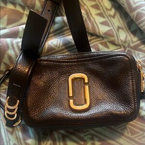 Marc Jacobs Softshot 17 Small Black Leather Crossbody Bag with Gold Hardware